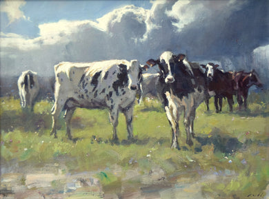 A 12 x 16 inch acrylic painting by Carl Knibb, showing several Friesian Cattle with enquiring minds, very interested in you, the viewer! Beautiful big, Cumulus clouds behind them.