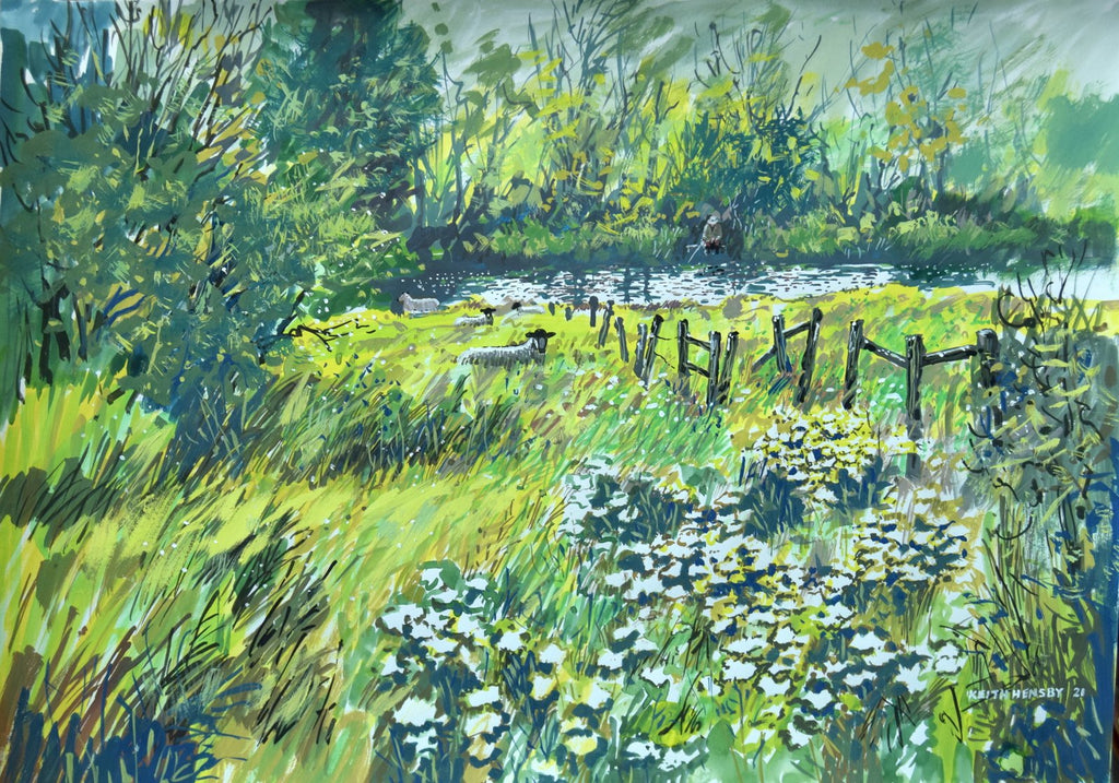 16 x 23 inch unframed mixed media painting, with an angler on the far bank, glistening river and some sheep lying inthe meadow, with some higgledy-piggledy fence posts in the right foreground going from the foreground down to the river in the mid distance.