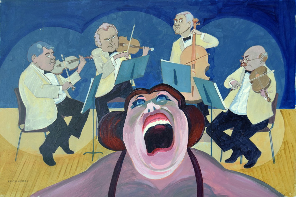 Mixed media 16 x 24 inch painting of a female singer in the foreground, murdering a song while the quartet of musicians pull knowing faces as they play their instruments! 
