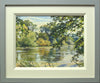 A 9 x 12 inch oil painting of Coombe Abbey Lake near Coventry, with early Autumn colours, reflections in the still waters of lake, some ducks dabbling, showing contemporary grey outer frame moulding with wide cream inner moulding.