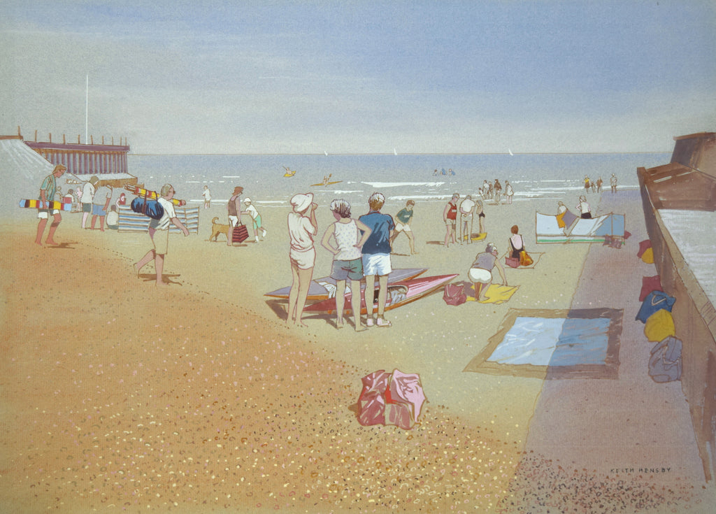Watercolour and gouache painting of a busy Norfolk Beach, painted in the style of the old railway posters, by Keith Hensby