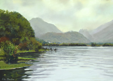 Pastel Painting by Peter Barker in pastel with hazy mountains in the distance reflected in the water and a bank of trees on the left-hand side.