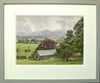 10x14 inch watercolour depicting a damp, drizzly day from Millbeck in the Lake District, with lots of pale washes describing the mountains in the murk and a barn and tree in the foreground. Shows the double-mounted frame with a grey outer frame moulding.