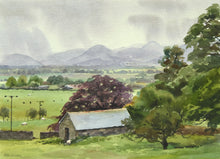 Load image into Gallery viewer, 10x14 inch watercolour depicting a damp, drizzly day from Millbeck in the Lake District, with lots of pale washes describing the mountains in the murk and a barn and tree in the foreground.
