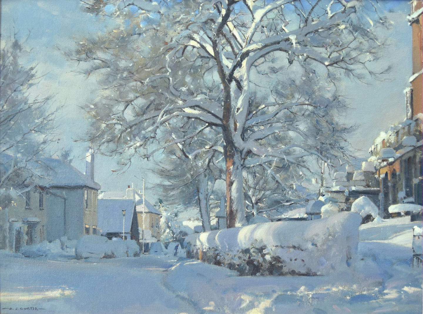 Oil by David Curtis in Misson, after a heavy snowfall. Shadows and highlights describe the forms of a large tree and hedgerow