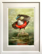 Load image into Gallery viewer, Digital painting of a Dipper, wearing swimming goggles and a red rubber ring around its waist, about to dip into the water, set it a white mounted frame
