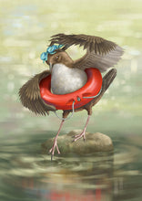Load image into Gallery viewer, Digital painting of a Dipper, wearing swimming goggles and a red rubber ring around its midriff, about to dip into the water.
