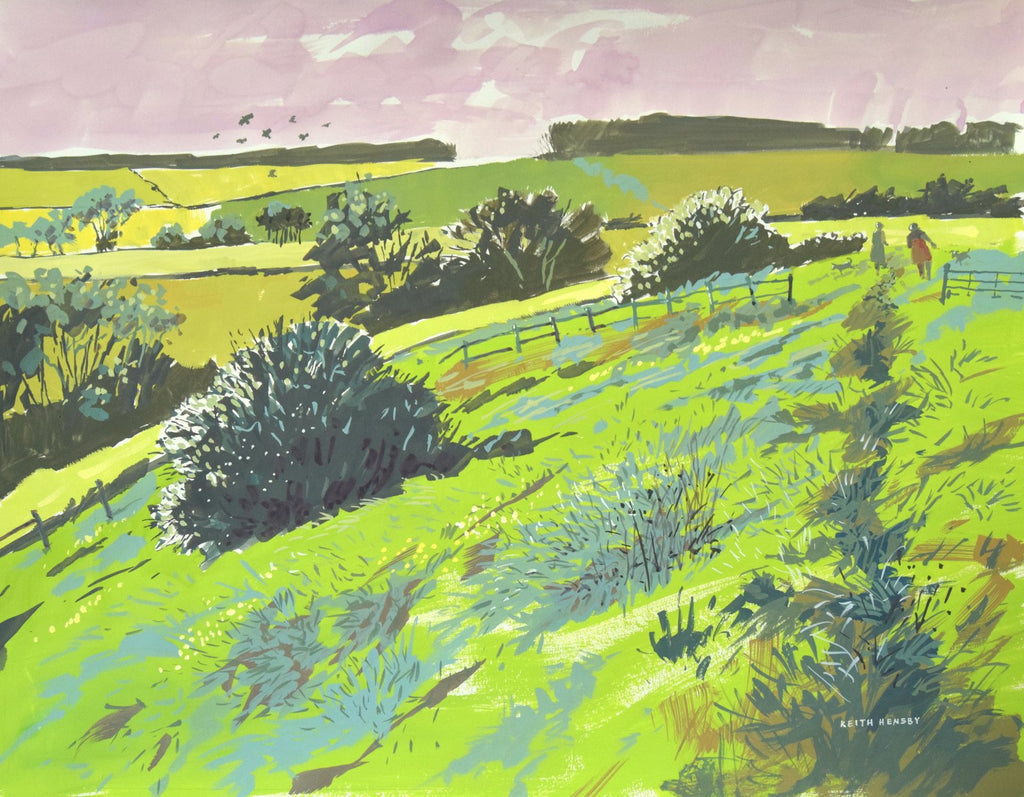 Bright, mixed media painting of hills between Seaton and Glaston in Rutland, with a couple walking their dog, by Keith Hensby