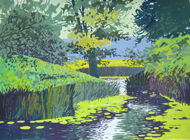 Ducks on the River Welland, painted in a poster style with rich greens, blues and yellows in mixed media by Keith Hensby