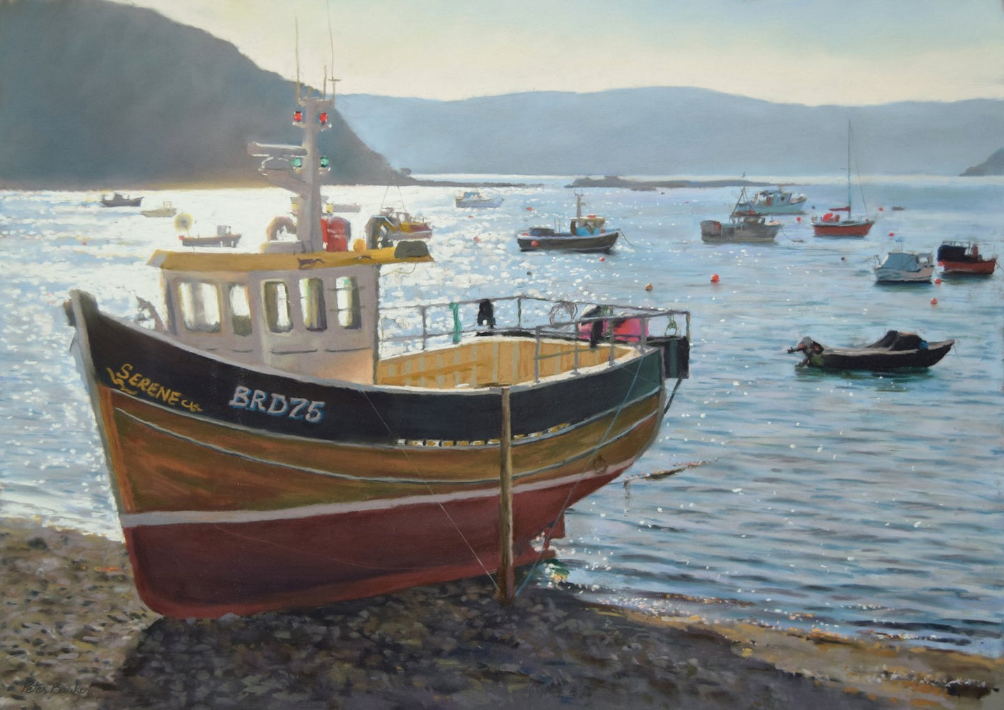 Pastel painting of boats at Portree, looking directly into the morning sun, which is reflected in the water, by Peter Barker. 