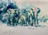 Herd of Elephants painted in watercolour with a cool, blue palette, by brilliant wildlife painter Tom Shepherd