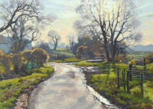 Load image into Gallery viewer, Near a farmyard at Elsthorpe, by Peter Barker. Lots of bare Winter trees, a damp road and halos of light around the hedgerows
