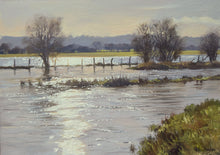 Load image into Gallery viewer, Another flooded meadow oil painting with sparkling sunlight bouncing off the water, near Gretton in Northants.
