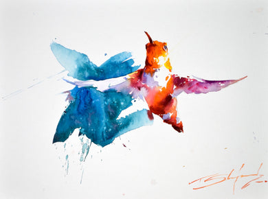 Watercolour painting of an orange Hummingbird, by Tom Shepherd, with a blue granulated wash highlighting the lit left side 
