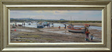 Load image into Gallery viewer, A wide panoramic shaped oil painting of Burnham Overy Staithe showing the silvery gold frame with an off-white slip
