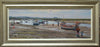 A wide panoramic shaped oil painting of Burnham Overy Staithe showing the silvery gold frame with an off-white slip