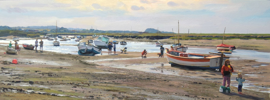 A wide panoramic shaped oil painting of Burnham Overy Staithe in summer with boats and lots of figures in various poses