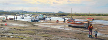 Load image into Gallery viewer, A wide panoramic shaped oil painting of Burnham Overy Staithe in summer with boats and lots of figures in various poses
