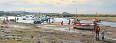 A wide panoramic shaped oil painting of Burnham Overy Staithe in summer with boats and lots of figures in various poses