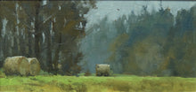 Load image into Gallery viewer, Straw Bales at Douai Abbey by Robert Bashford. painted on a misty day, the bales sing out of this charming painting
