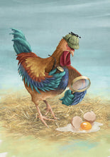 Load image into Gallery viewer, Digital print of a Chicken with a Deerstalker hat, magnifying glass in its left wing and a Holmes-esque pipe in the right wing, staring at a broken egg
