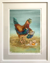 Load image into Gallery viewer, Digital print of a Chicken dressed as Sherlock Holmes in its white frame and mount, behind glass
