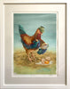 Digital print of a Chicken dressed as Sherlock Holmes in its white frame and mount, behind glass