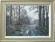Load image into Gallery viewer, A large oil painting of a bridleway near Lyndon show the hand-finished frame with metal leaf on the outer and inner edges
