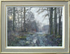 A large oil painting of a bridleway near Lyndon show the hand-finished frame with metal leaf on the outer and inner edges