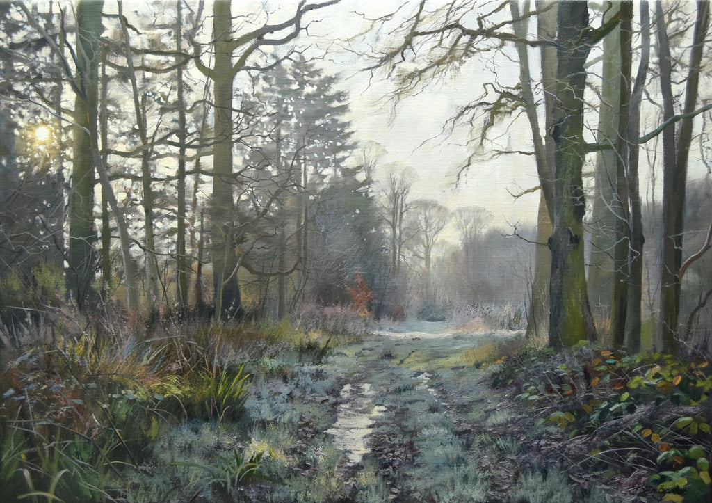 A large oil painting of a bridleway near Lyndon in Rutland by Peter Barker with bare trees, frosty ruts and a low winter sun