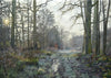 A large oil painting of a bridleway near Lyndon in Rutland by Peter Barker with bare trees, frosty ruts and a low winter sun
