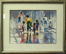 Load image into Gallery viewer, Children playing in a fountain by Trevor Lingard with a mount and bronzish frame and matching thin inner slip
