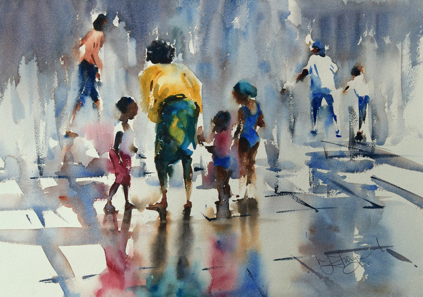 Classic watercolour by Trevor Lingard, with colourful figures and children playing in a fountain.
