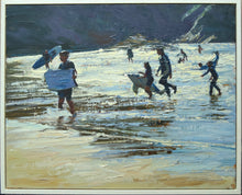 Load image into Gallery viewer, Medium sized oil painting of adults and children in the surf with their surfboards, looking straight into the sun, framed in simple, white floating frame
