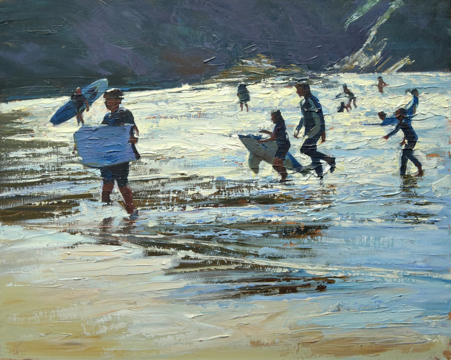 Medium sized oil painting of adults and children in the surf with their surfboards, looking straight into the sun