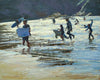 Medium sized oil painting of adults and children in the surf with their surfboards, looking straight into the sun