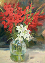 Load image into Gallery viewer, 17 x 12 inch oil of a bunch of Crimson Gladiolies and white Lilies in a glass jar, painted outside on a balmy Summer day.
