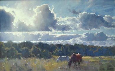 Magnificent 20 x 31.5 inch acrylic painting of two horses grazing in a Summer meadow, with trees in the middle distance and a beautifully rendered, sunny sky with big cumulus clouds and sunlight beaming through them.