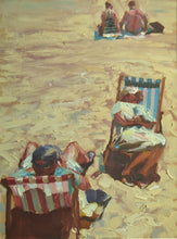 Load image into Gallery viewer, Portrait-shaped oil of 2 figures on deck chairs enjoying the sunshine, painted with thick, impasto oil paint by Mark Shattock
