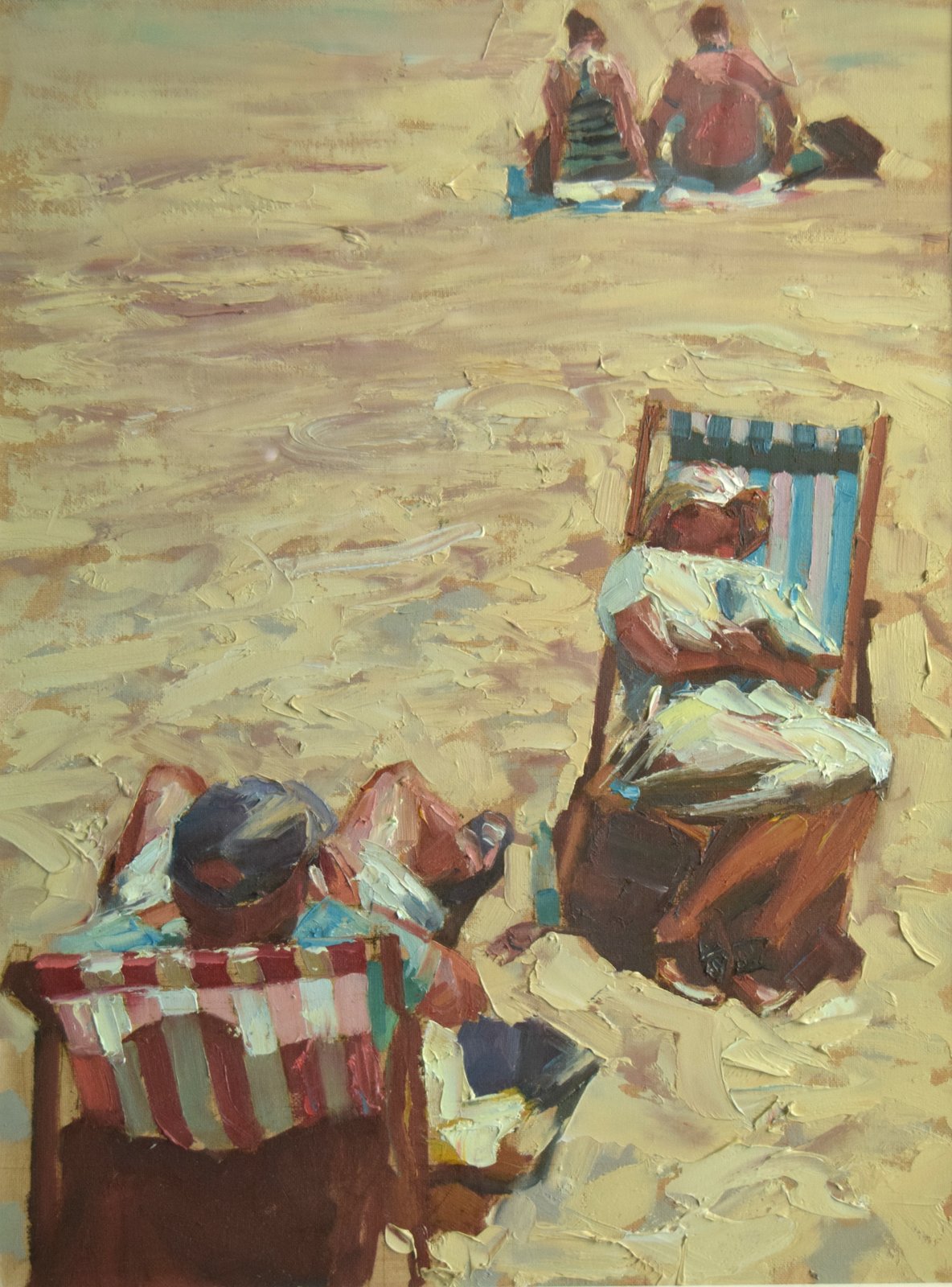 Portrait-shaped oil of 2 figures on deck chairs enjoying the sunshine, painted with thick, impasto oil paint by Mark Shattock