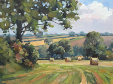 Load image into Gallery viewer, A loosely painted oil by Peter Barker RSMA, of hay bales in fields at Preston in Rutland, with lots of trees.
