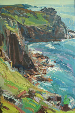 portrait-shaped oil painting of rocky headland at Sennen, painted with thick, expressive brushstrokes of impasto oil paint