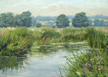 Load image into Gallery viewer, Summer by the River Welland, with hazy blue distant trees, water in the foreground with lily pads floating on the surface.
