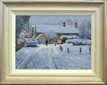 Load image into Gallery viewer, Snow painting showing the hand-finished frame with silvery gold outer edge, paler gradated colours down to the off-white slip
