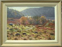 Load image into Gallery viewer, 14 x 20 inch oil of a herd of Herdwick sheep on the fells by Thirlmere, looking into the sunlight, mountains in the distance blue/grey, showing pale grey/beige, gradated to off white inner edge frame.
