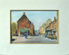 Print of a watercolour painting of High Steet East, Uppingham, Iconic view of the shops on the right, and what was a flower shop occupying the single, ancient building on the left, with several figures so deftly described, strong shadows across the road. Set in a single ivory mount, with a thin gold inner wooden slip.