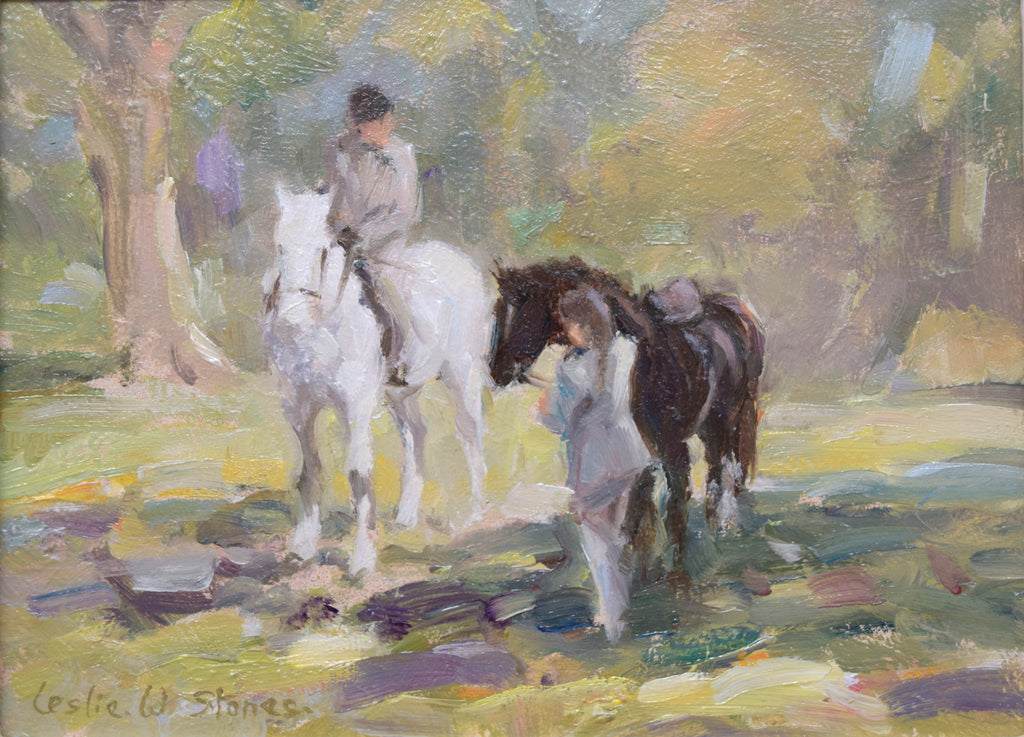 Equine study in oil of two horses and their riders in a woodland setting by Leslie Stones