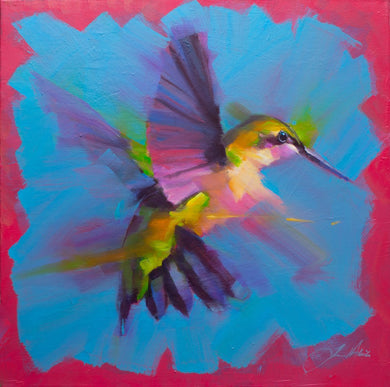 Vibrant, colourful oil by Jamel Akib, with a Hummingbird in flight, capturing the high speed movement of the bird