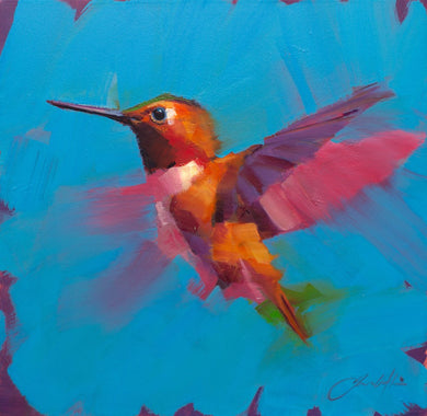 Vibrant, colourful oil by Jamel Akib, with a Hummingbird in flight, capturing the high speed movement of the bird