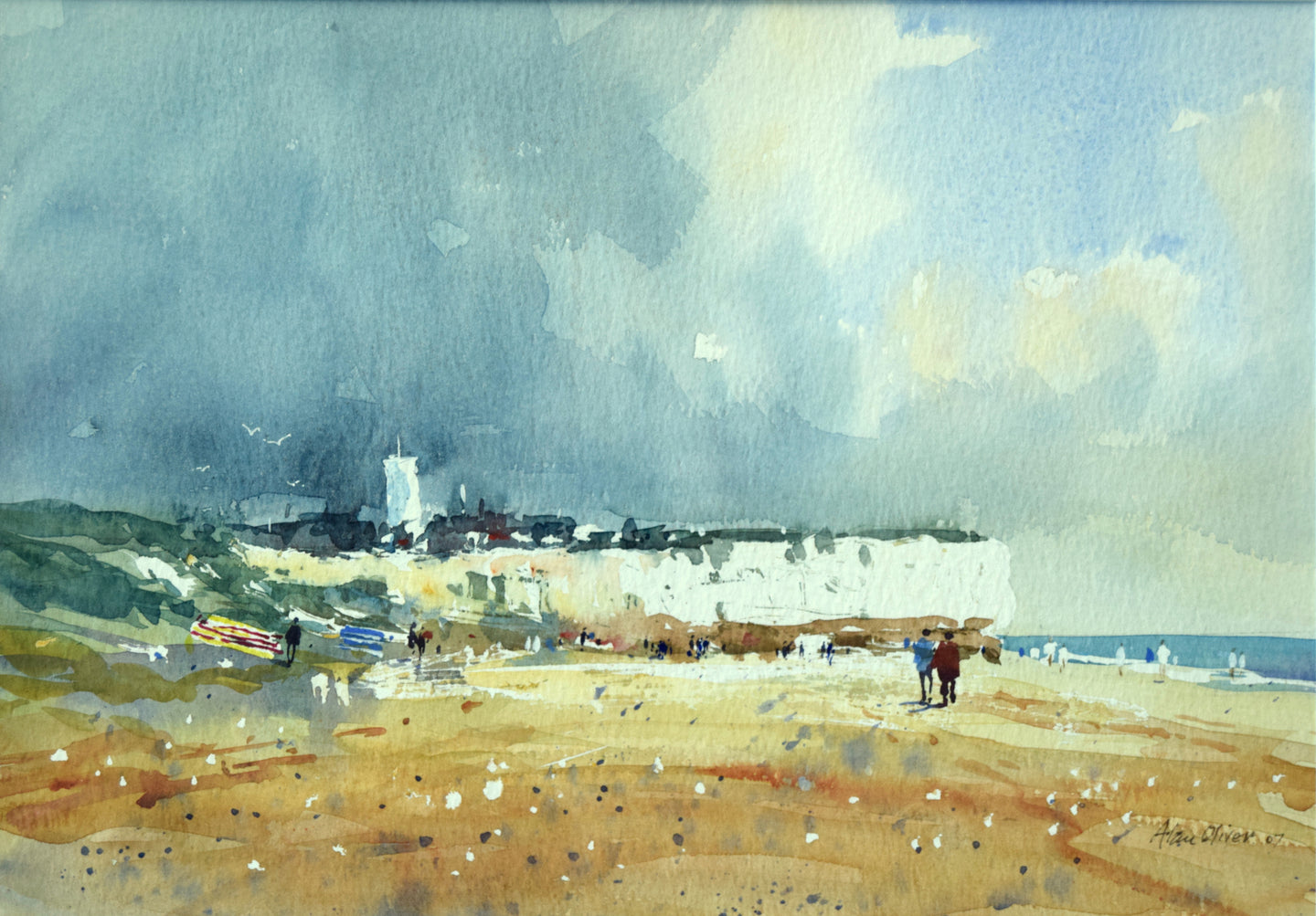 9.5 x 14 inch watercolour of the chalk cliffs at Hunstanton, set against a dark, moody sky taking up two thirds of the picture plane, with several figures on the beach, with some splattering conveying beach detritus. .